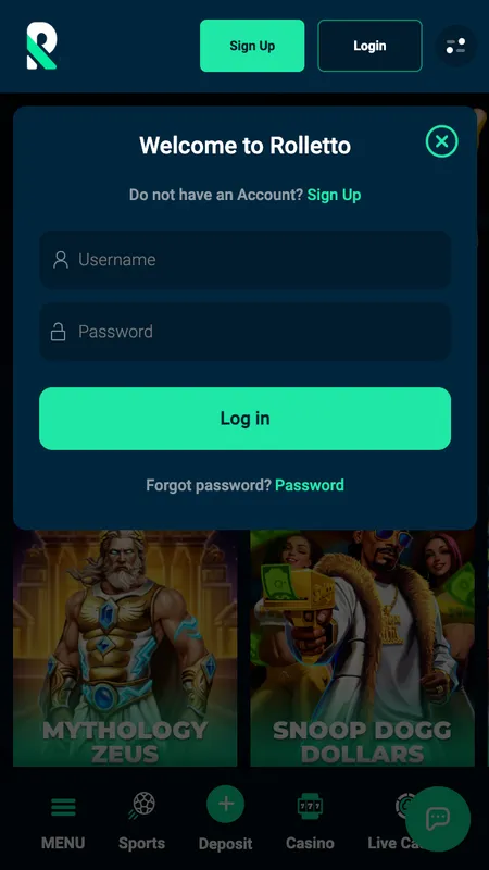 Roletto login screen with username and password fields