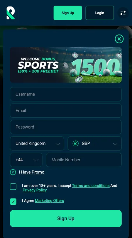 Roletto registration screen with country and currency fields